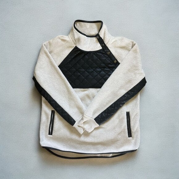 Abercrombie & Fitch Womens Quilted Fleece Pullover L Off White Black Jacket Coat - Picture 1 of 7